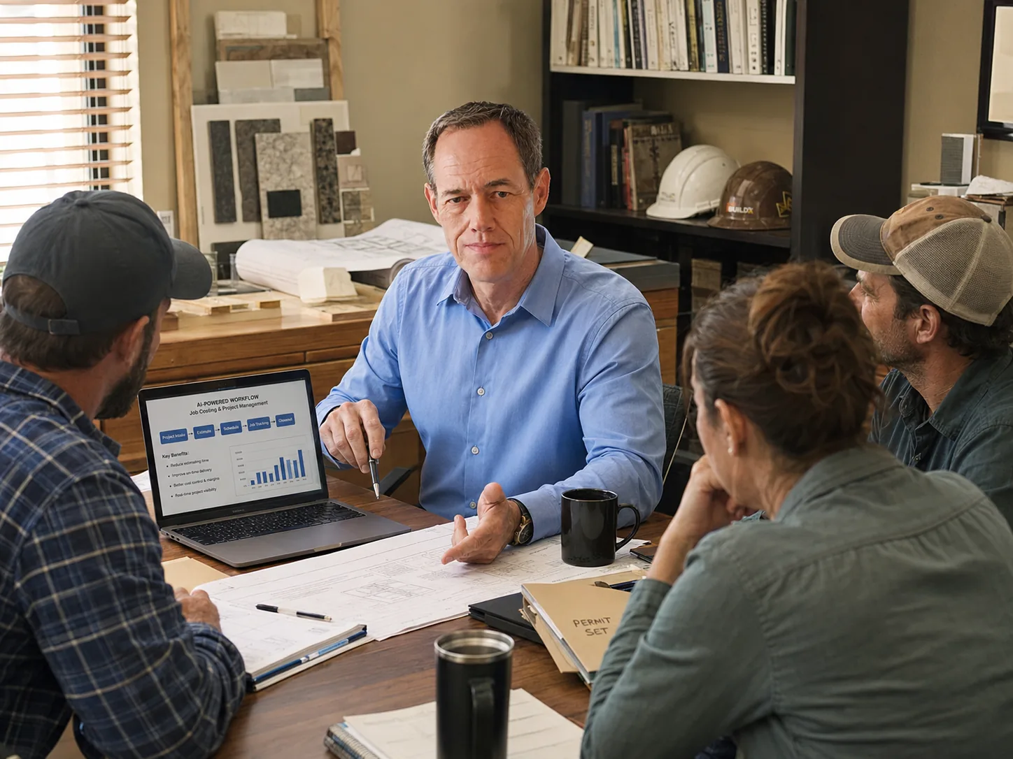 Don discussing an AI-powered workflow chart with two tradespeople at a table, laptop and permit set visible in the workspace
