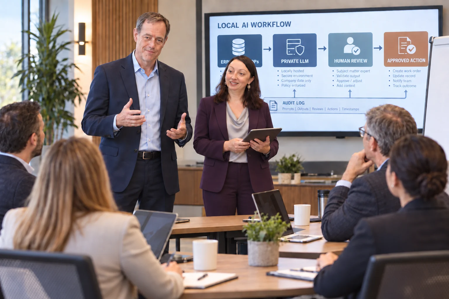 Don and Larisa Sykes standing together presenting a Local AI Workflow diagram to a seated audience of executives