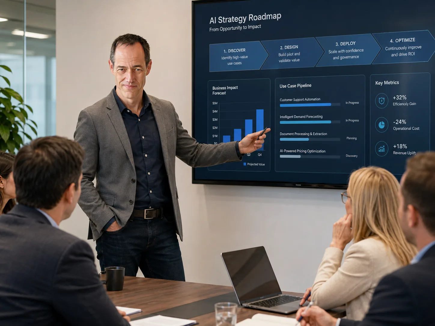 Don presenting an AI Strategy Roadmap in a boardroom, four stages visible on screen: Discover, Design, Deploy, Optimize